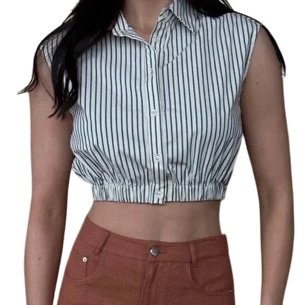 WeWoreWhat Stripe Popover Shirt NWT S Antique White Navy Sleeveless Button Up
